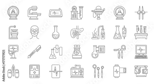 Vector Icons Set of Medical Healthcare and Science Laboratory Thin Line Icon Set. EPS Editable
