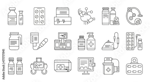 Vector Icons Set of Medical Pharmacy and Healthcare Outline Icons Collection Vector Illustration. EPS Editable