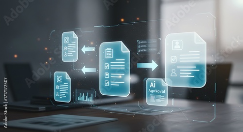 Holographic workspace with scanned document icons, AI approval indicators, and glowing workflow arrows. Symbol of smart quality control, efficiency, and paperless approval system