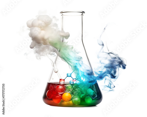 Erlenmeyer Flask with Rainbow Smoke and Bubbles in Colorful Liquid chemistry science isolated on a transparent background
