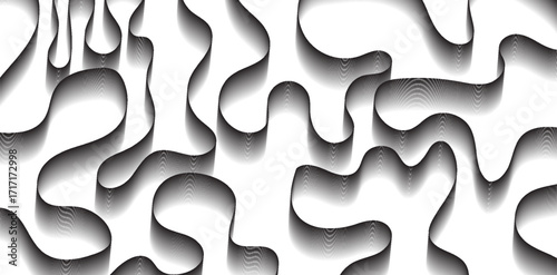 Elegant black ribbon curves gracefully across a stark white background, forming abstract shapes that evoke a sense of modern sophistication and flowing movement in a minimalist design