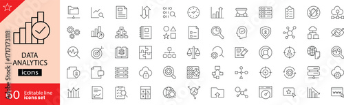 Data analytics icons set. Includes symbols of charts, graphs, reports, statistics, big data, and insights. Editable stroke. Vector illustration. Outline icons. Perfect for business and technology.