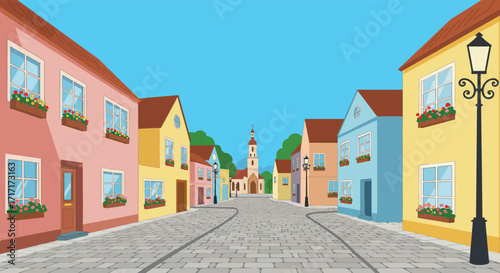 Charming colorful street scene with quaint buildings and a distant church spire