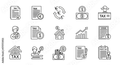 Vector Icons Set of Tax and Finance Outline Icons Vector Set. EPS Editable