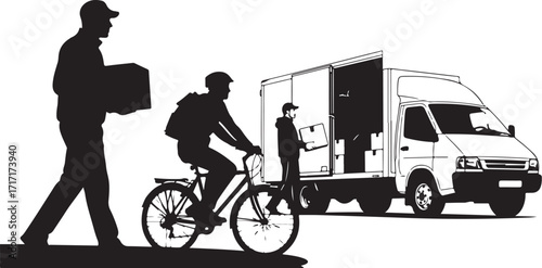 Delivery people and cargo truck