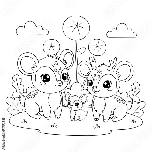 Happy Mouse Deer Family Coloring Page