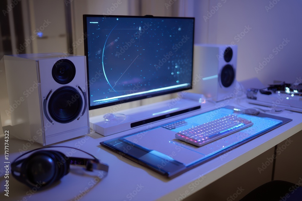 Naklejka premium Modern Computer Desk Setup with Monitor, Speakers, RGB Keyboard, and Blue Ambient Lighting