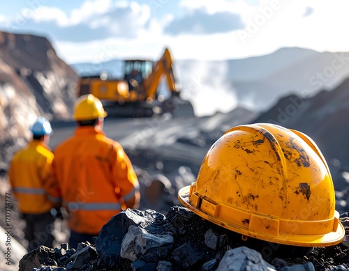 nickel ore mining site, heavy machinery working in open pit, workers wearing safety helmets, natural rocky landscape, industrial environment