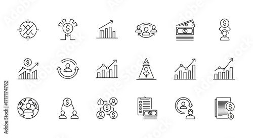 Vector Icons Set of Business and Finance Thin Line Icon Set with Growth Charts and Money Symbols. EPS Editable