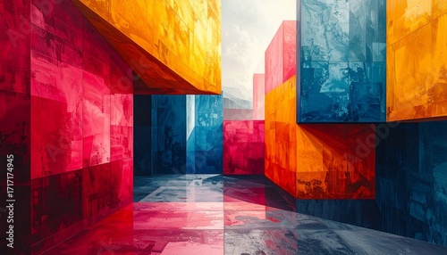 A vibrant, modern architectural interior is composed of bold, geometric shapes in deep orange, deep blue, and deep red hues.