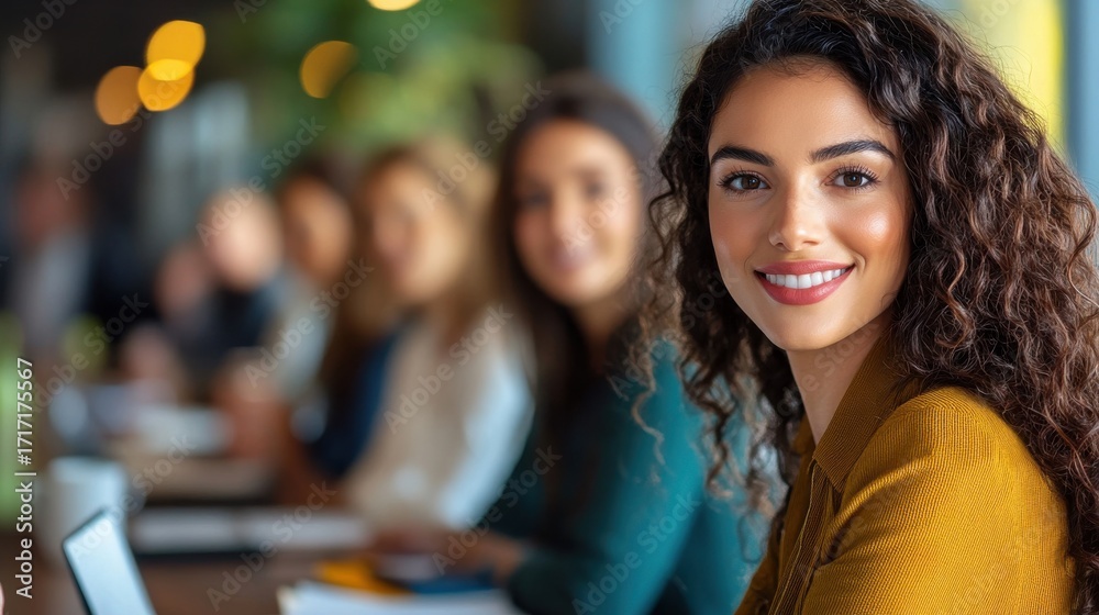 Obraz premium Young Woman Smiling During Meeting with Professionals in Office Space