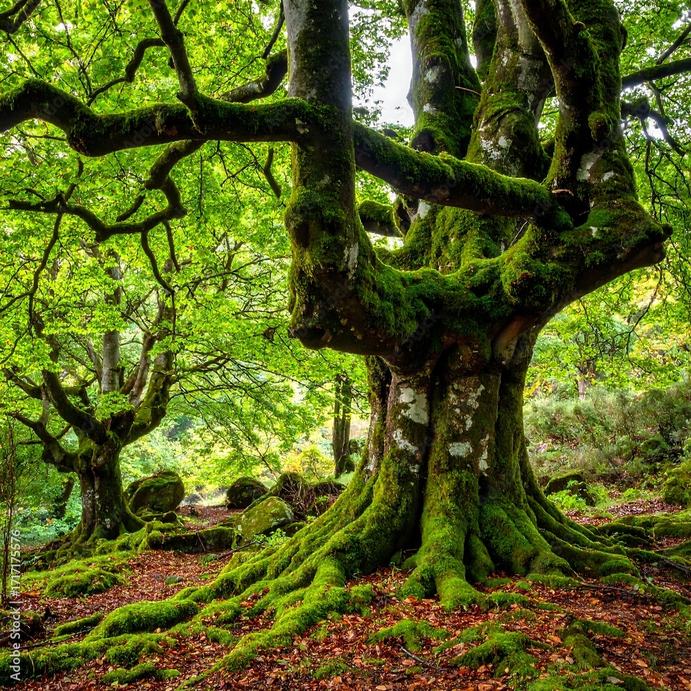Fototapeta premium Lush forest scene with mossy trees