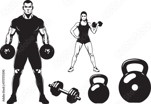 Fitness couple dumbbells kettlebells exercise