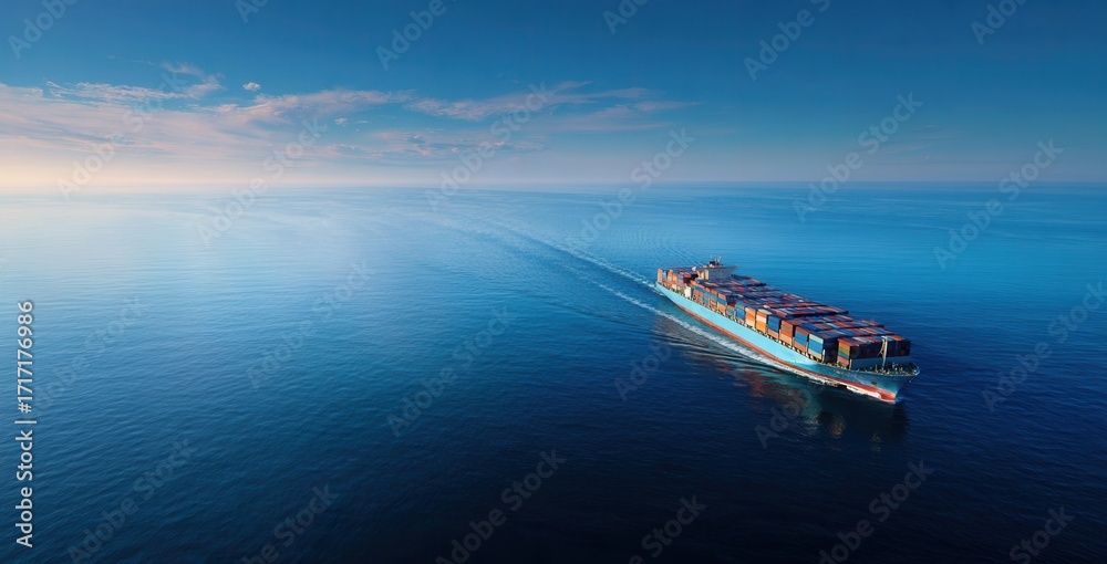 Naklejka premium A large container ship sails on the calm blue sea under a clear sky with light clouds, leaving a wake behind.