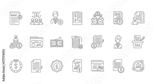 Vector Icons Set of Hand drawn collection of finance and accounting line icons for business management budget planning and investment. EPS Editable