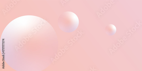Top peach-pink realistic cylindrical podium with a flying ball-sphere or bubble. Vector abstract studio with 3D geometric platform modern disign