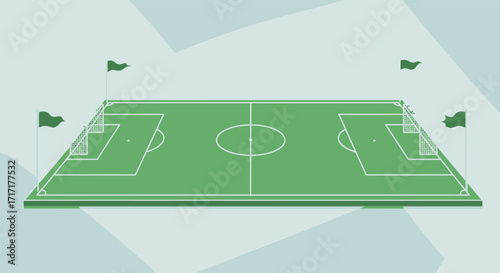An aerial view of a green soccer field with corner flags