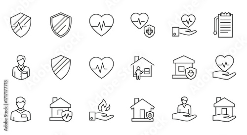 Vector Icons Set of Insurance and Protection Services Thin Line Icon Set. EPS Editable
