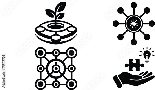 Modern network icons representing growth, strategy, idea generation, and global reach