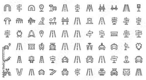 Vector Icons Set of Large Set of Hand Drawn Road Highway and Navigation Icons. EPS Editable