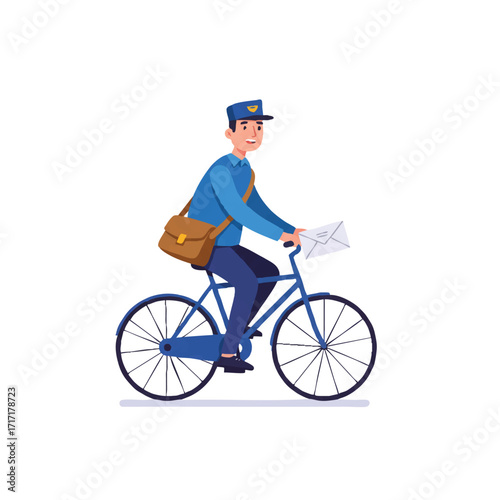 A cheerful postman rides a bicycle with a mailbag, happily delivering letters on a sunny street in a vibrant 2D flat vector illustration with clean outlines and a white background.