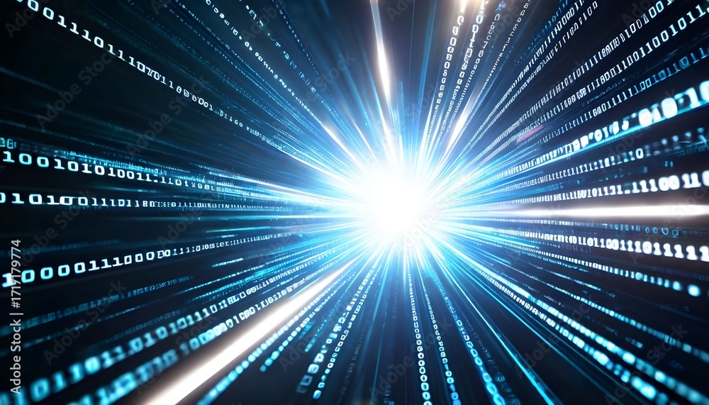 Fototapeta premium Abstract digital binary code tunnel with light at the end, representing data flow and technology.