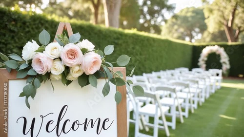 Wedding Welcome Sign Video – Elegant Wooden Frame with Pink Roses and White Chairs Setup for Outdoor Ceremonies and Event Planning