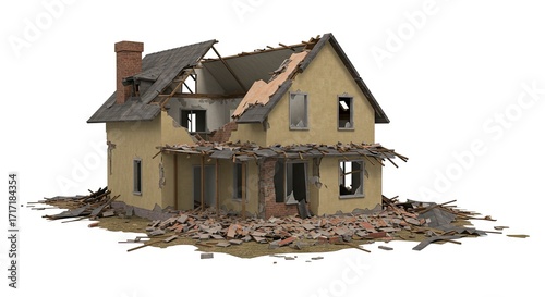 Ruined twostory house with missing roof sections amidst rubble