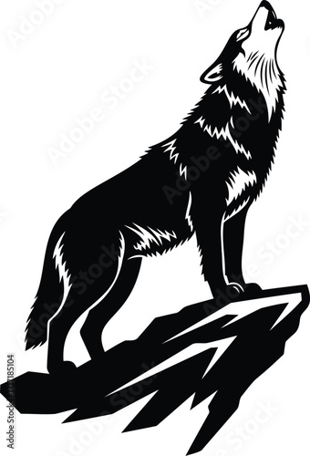 Stylized black and white illustration of a wolf howling on a rock