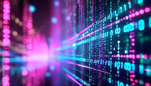 Abstract digital stream of binary code with glowing neon lights in a futuristic cityscape.