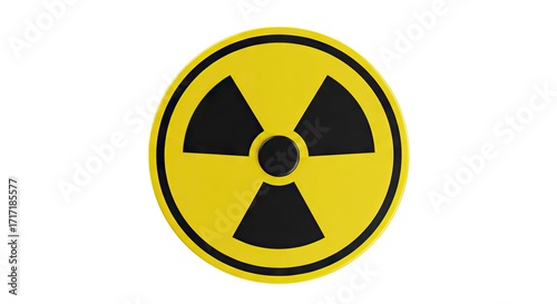 A yellow and black radioactivity warning sign is displayed on a white background