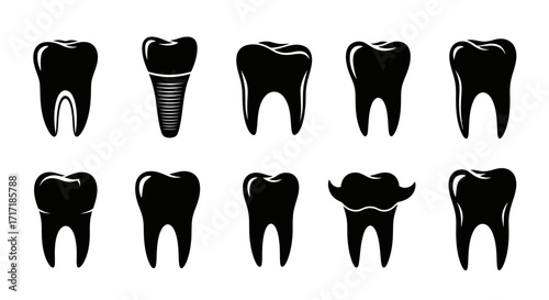 Icon Set of Minimalist Black Tooth Vector Silhouettes for Dental Branding