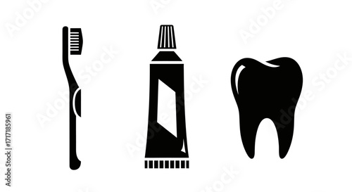 Minimalist Dental Hygiene Vector Icon Set with Tooth Toothbrush and Toothpaste