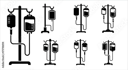 Minimalist IV Drip Bag Stand Vector Icon Set Medical Infusion Silhouette Collection