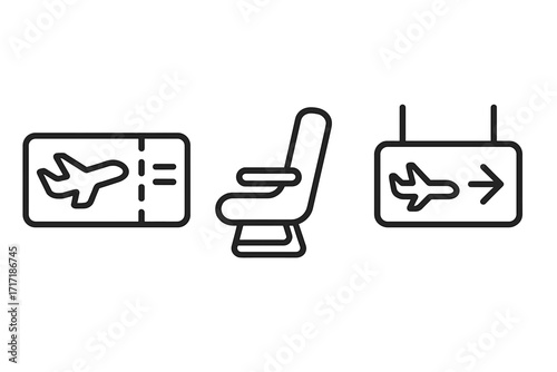 Air travel essentials linear icons set. Flight ticket, airplane seat, and gate signage symbols. Vector line art illustration for airport, booking, and tourism concepts.