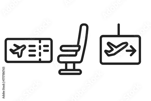Air travel essentials linear icon set. Vector symbols for flight, airport, and vacation concepts. Boarding pass ticket, airplane passenger seat, and departure gate sign.