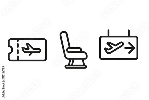 Air travel essentials linear icons set. Vector illustration of airline ticket, airplane seat, and airport gate sign. Flight, journey, tourism, and vacation concept symbols.