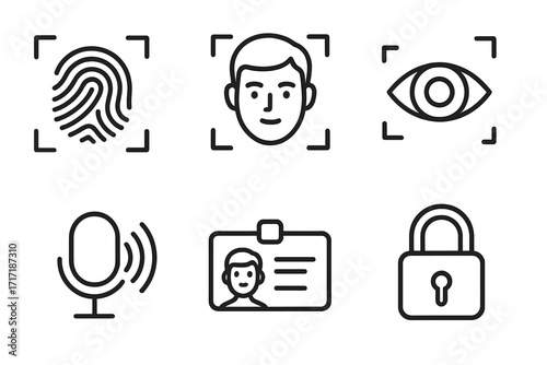 Biometric security icon set with fingerprint, face and eye scan, voice recognition, id card, and lock. Vector line art illustration for identity authentication and verification.