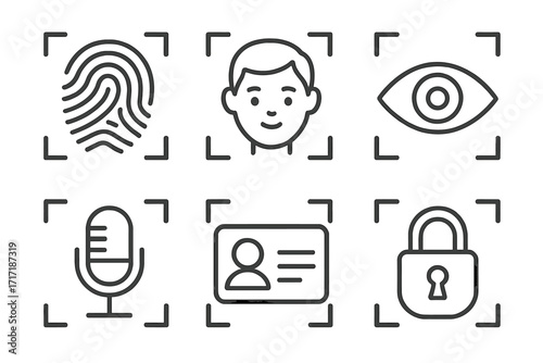 Biometric security icons set. Fingerprint scan, face recognition, eye scanner, voice authentication. Personal data, ID verification, secure access. Digital technology identity.