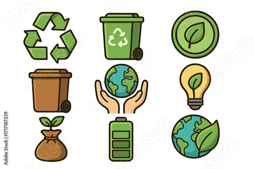 Ecology icon set. Recycling, sustainability, and waste management symbols. Green energy, environmental conservation concepts. Vector cartoon planet, leaf, bin, battery illustration.