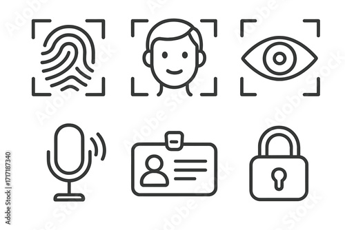 Biometric identification linear icons. Fingerprint scan, face and eye recognition, voice command, ID badge and padlock symbol. Security and authentication vector collection.