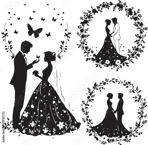 PrintRomantic Couple Silhouette Vector Set with Floral Frames and Butterfly for Wedding, Love, and Engagement Illustration Themes