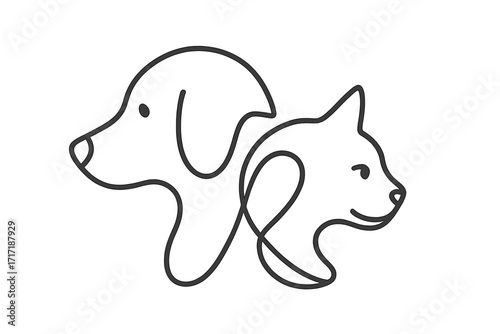 Continuous one line drawing of a cat and dog. Minimalist infinity loop style graphic. Pet shop, veterinary, or animal shelter logo. Vector icon illustration of pets together.