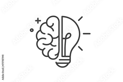 Creative idea, innovation, knowledge concept. Half brain half lightbulb icon. Symbol for intelligence, technology, brainstorming, problem solving. Smart solution, learning, genius mind.