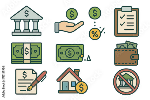 Banking and finance icon set. Vector flat design for loan, credit, investment. Mortgage, money, contract and interest rate symbols. Financial business elements.