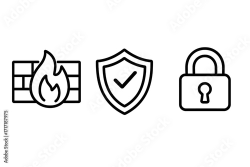Cybersecurity icons set for data protection. Firewall, secure shield, and lock symbols. Web safety and internet privacy concept. Network defense and antivirus. Vector line art.