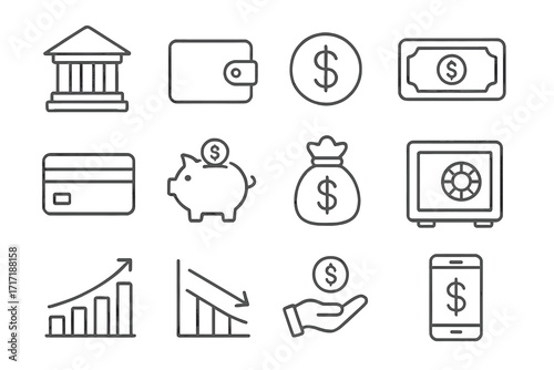 Money and finance thin line icon set. Vector symbols for banking, investment, and business. Web and mobile payment concepts. Includes piggy bank, wallet, credit card, safe, charts.
