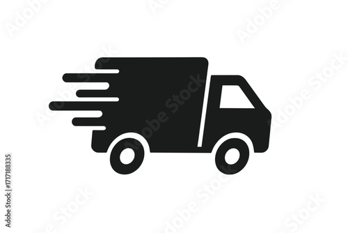 Fast shipping service icon with truck driving fast. Express delivery logistics concept. Quick transport symbol. Vector illustration of a speedy freight cargo van for mail.