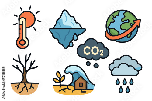 Climate change icon set. Global warming, temperature rise, melting iceberg, CO2 emission. Planet earth pollution concept. Drought, flood, natural disaster vector cartoon icons.