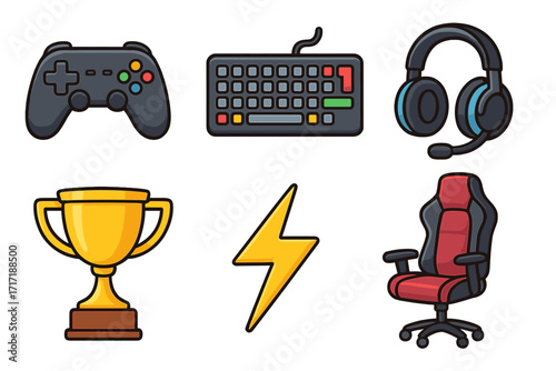 Gaming icon set with controller, keyboard, headset, trophy, lightning, chair. Vector cartoon illustration of gamer elements for esports. Video game gear symbols collection.